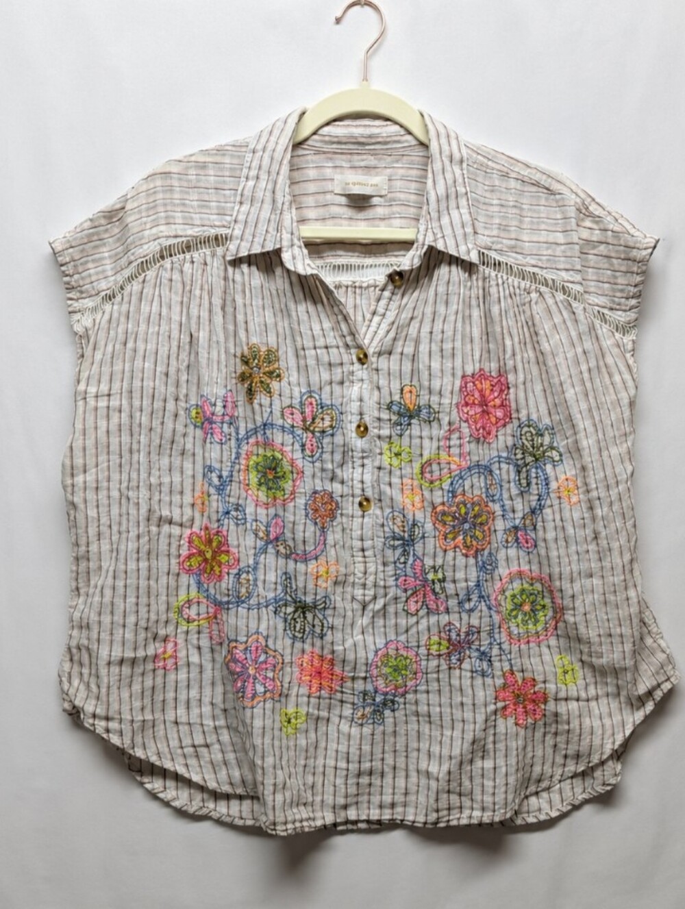 389-Pilcro By Anthropologie Button-Down Top with Multicolor Floral Embroidery